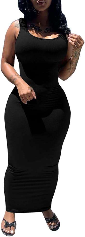 PINSV Women's Sexy Bodycon Tank Dress Basic Sleeveless Long Maxi Dresses Party Club Beach Sundresses - Image 1