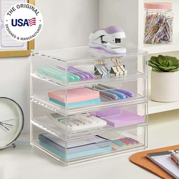STORi Stackable Desk Drawer Organizer, Clear Pen Pencil Makeup Brush Holder for Desktops and Vanities, 4 Wide Drawers (Made in USA) - Image 4