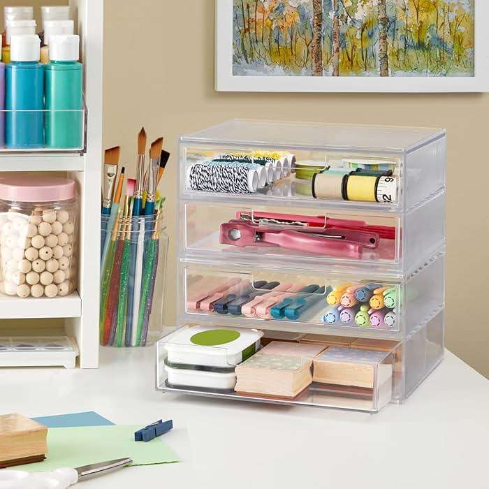 STORi Stackable Desk Drawer Organizer, Clear Pen Pencil Makeup Brush Holder for Desktops and Vanities, 4 Wide Drawers (Made in USA) - Image 5