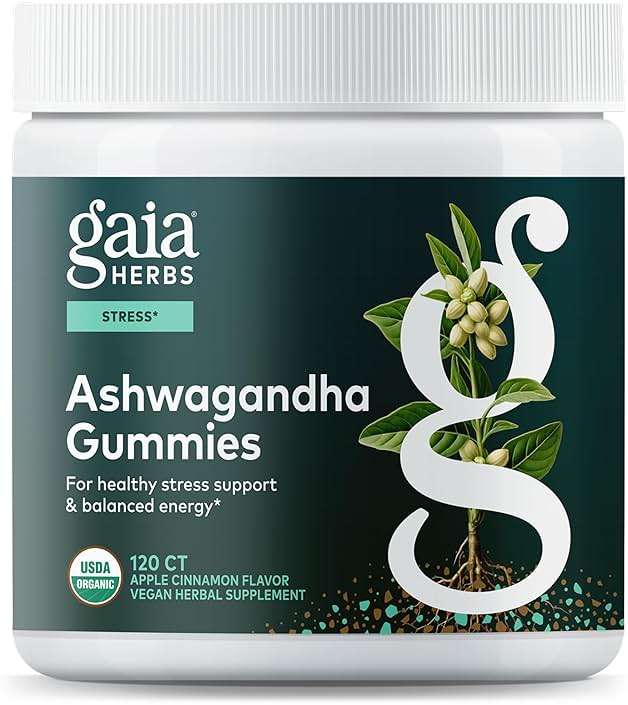 Gaia Herbs Organic Ashwagandha Gummies - Stress Support* - Supports Healthy Cortisol Balance* - Made with Cinnamon & Ginger - Gluten Free & Vegan - 120 Count (40 Servings) - Image 1