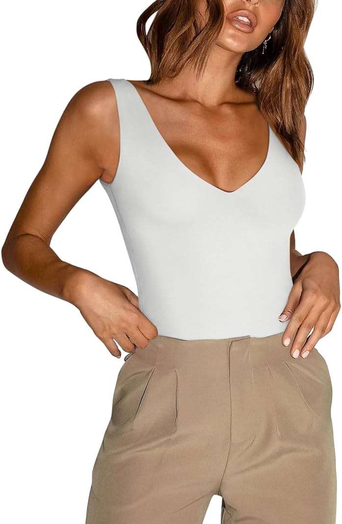 REORIA Butsmooth® Women’s Basic Sexy Plunge Deep V Neck Sleeveless V Backless Going Out Tank Bodysuits Tops - Image 1
