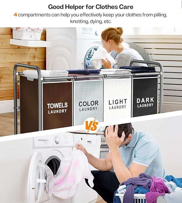 ROMOON Laundry Hamper Sorter Cart: 4-Section Organizer with Heavy-Duty Lockable Wheels and Removable Bags | 180L Rolling Laundry Basket for Dirty Clothes in Laundry Room or Small Spaces (Multicolor) - Image 4