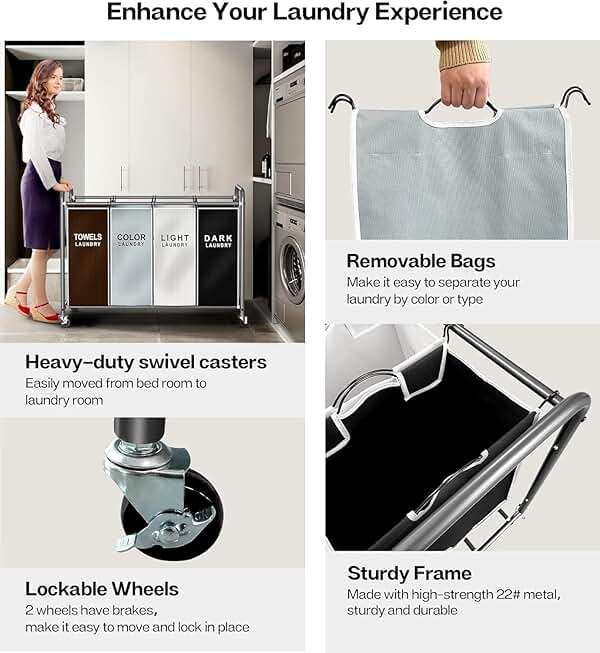 ROMOON Laundry Hamper Sorter Cart: 4-Section Organizer with Heavy-Duty Lockable Wheels and Removable Bags | 180L Rolling Laundry Basket for Dirty Clothes in Laundry Room or Small Spaces (Multicolor) - Image 6