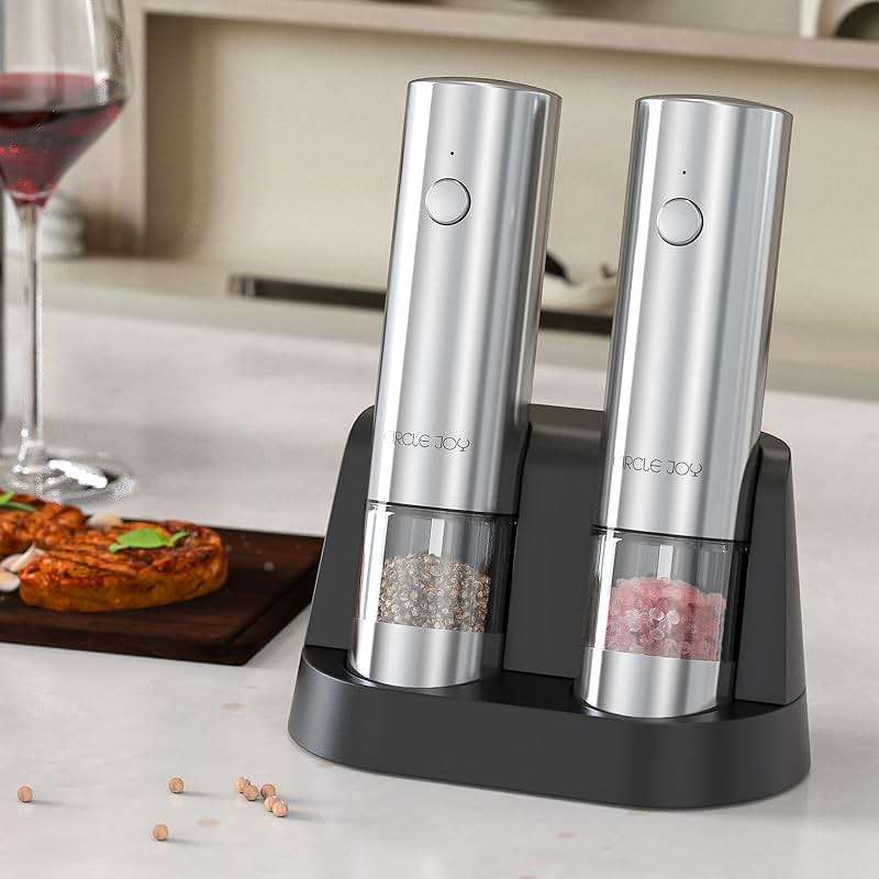 CIRCLE JOY Electric Salt and Pepper Grinder Set Stainless Steel Spice Grinder Automatic Pepper Mills with Easy-to-Carry Dual Charging Station, White Led Light, and Adjustable Coarseness, Silver - Image 2