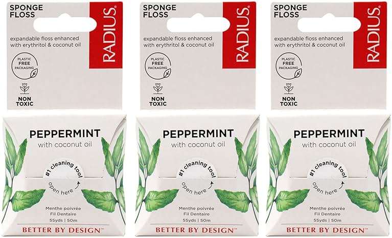 Radius Dental Floss, Sponge Floss, Peppermint, 55 Yards, Vegan & Non-Toxic Oral Care Designed to Help Fight Plaque, Pack of 3 - Image 1