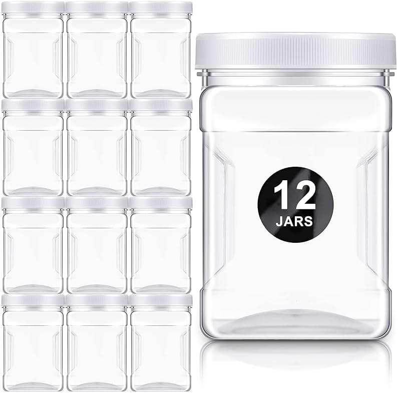 Gerrii 12 Pcs 27 Oz Plastic Storage Jars with Lids, Clear Wide Mouth Square Plastic mason Containers, Paint Storage Containers with Easy Grip Handles, Reusable Wide Mouth Canisters - Image 1