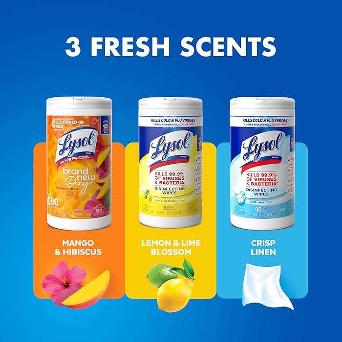 LYSOL Disinfecting Wipes, All Purpose Cleaner, Multi-Surface Antibacterial Cleaning Wipes, Household Cleaning Supplies, Dorm Essentials, Lemon + Crisp Linen + Mango & Hibiscus Scent, 80 ct. (3 Pack) - Image 2