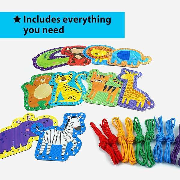 KRAFUN My First Lacing Cards Kit for Toddlers & Kids Age 3+, 10 Safari Animal Arts & Crafts Projects, Fine Motor Skills Toys with Lion Monkey Elephant Tiger Giraffe Hippo Zebra Bear - Image 2