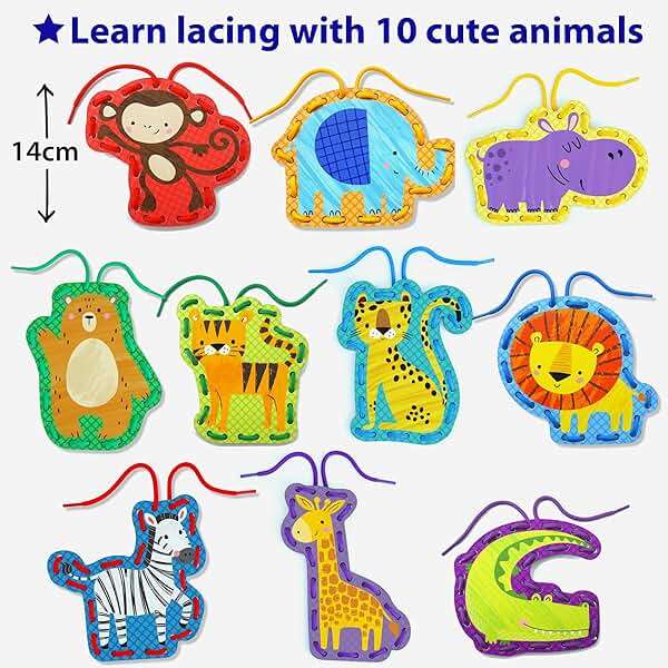 KRAFUN My First Lacing Cards Kit for Toddlers & Kids Age 3+, 10 Safari Animal Arts & Crafts Projects, Fine Motor Skills Toys with Lion Monkey Elephant Tiger Giraffe Hippo Zebra Bear - Image 3
