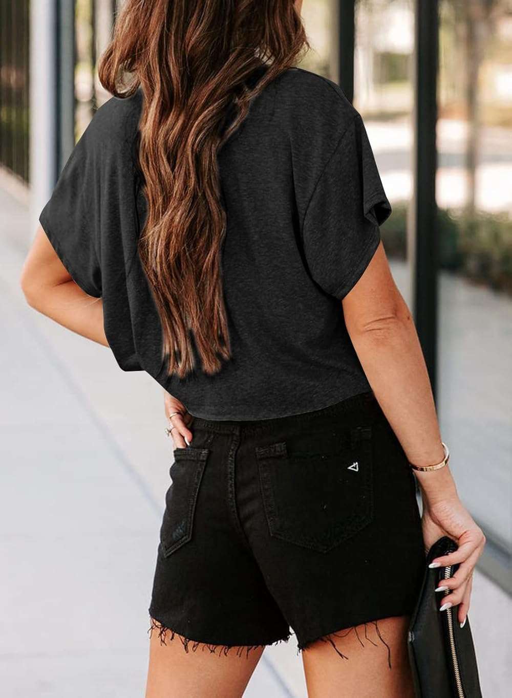 Tankaneo Women Short Sleeve Cropped T-Shirts Crew Neck Loose Crop Tops Summer Casual Drop Shoulder Basic Tees - Image 3