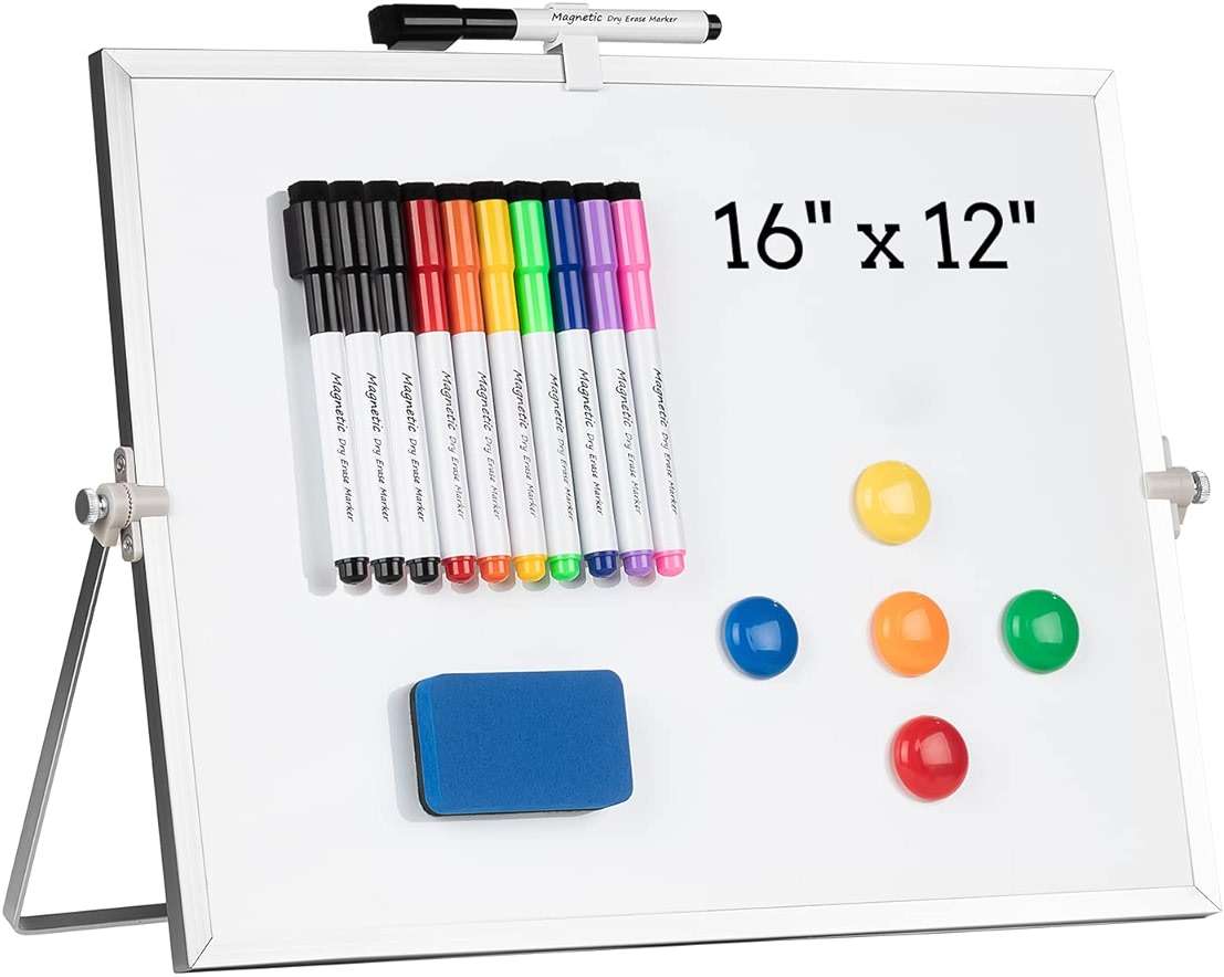 Dry Erase White Board, Cazeyoo Magnetic Desktop Whiteboard 16 x 12inch with Stand, 10 Markers, 4 Magnets and 1 Eraser, Portable Double-Sided White Board for Kids Drawing, Office, Home, School - Image 1