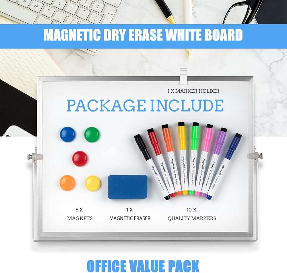 Dry Erase White Board, Cazeyoo Magnetic Desktop Whiteboard 16 x 12inch with Stand, 10 Markers, 4 Magnets and 1 Eraser, Portable Double-Sided White Board for Kids Drawing, Office, Home, School - Image 2