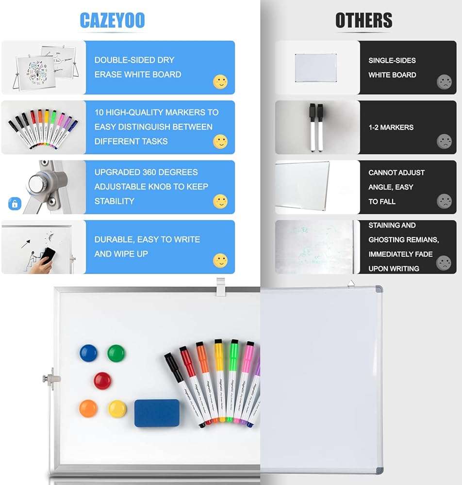 Dry Erase White Board, Cazeyoo Magnetic Desktop Whiteboard 16 x 12inch with Stand, 10 Markers, 4 Magnets and 1 Eraser, Portable Double-Sided White Board for Kids Drawing, Office, Home, School - Image 3