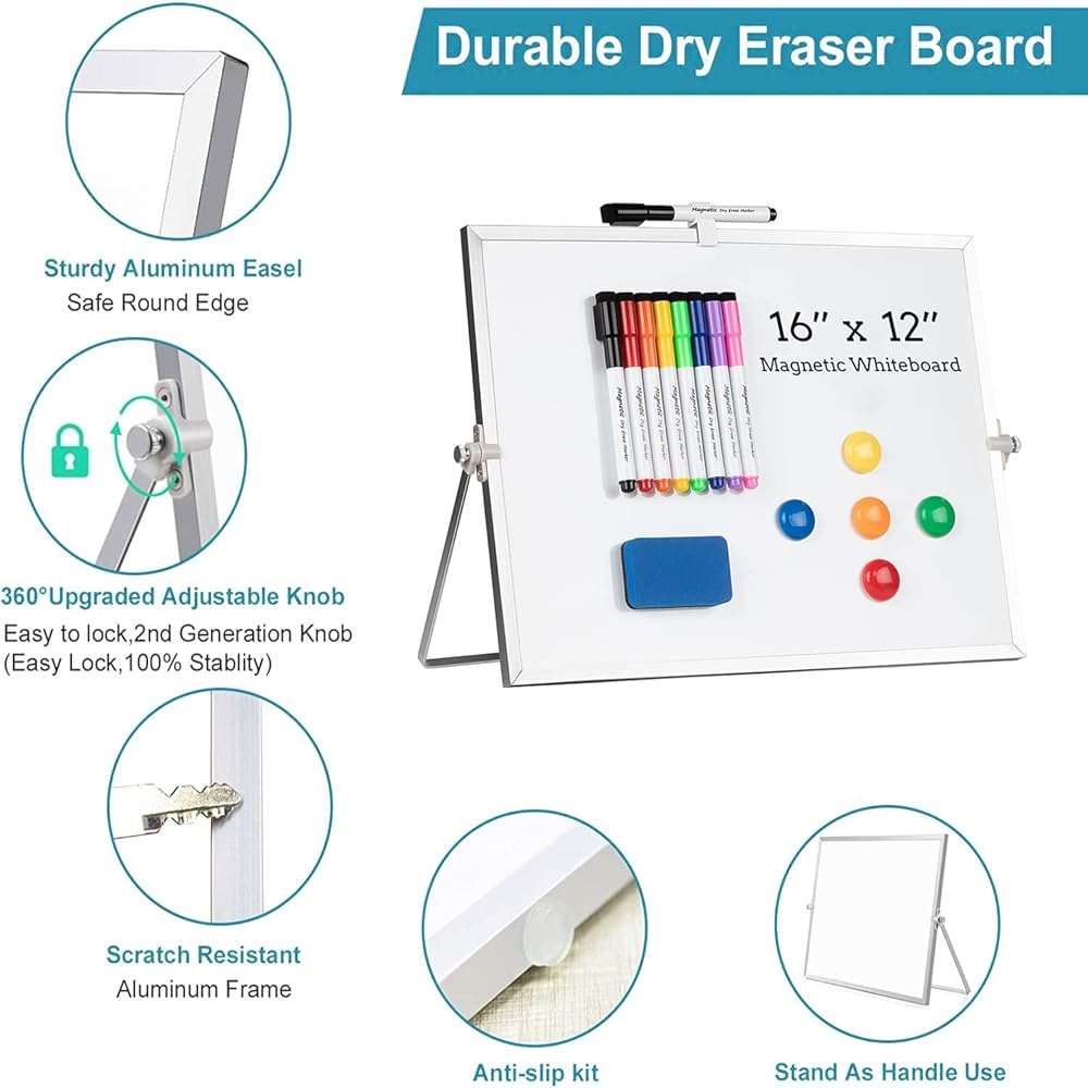 Dry Erase White Board, Cazeyoo Magnetic Desktop Whiteboard 16 x 12inch with Stand, 10 Markers, 4 Magnets and 1 Eraser, Portable Double-Sided White Board for Kids Drawing, Office, Home, School - Image 4