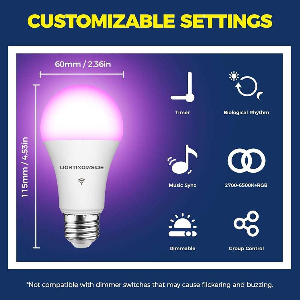 Lightinginside Smart Light Bulbs 100W Equiv., 1350LM 11W Smart Bulb Works with Alexa/Google Home/SmartLife, A19 E26 RGBCW Color Changing Bulbs, No Hub Required, 2.4G WiFi & BLE Bulb, ETL Listed, 4PCS - Image 2