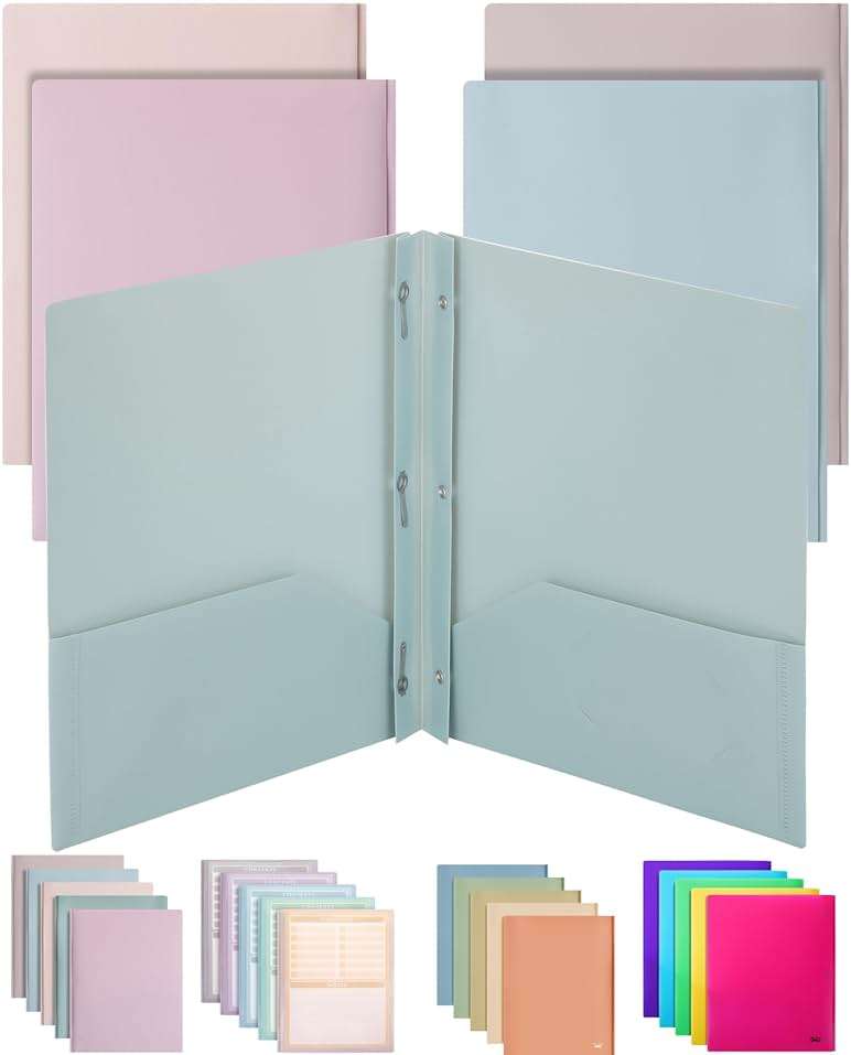 Mr. Pen- Plastic Folders with Pockets and Prong, 5 Pack, Muted Pastel Colors, Pocket Folders with Prongs and Fasteners, 2 Pocket - Image 1
