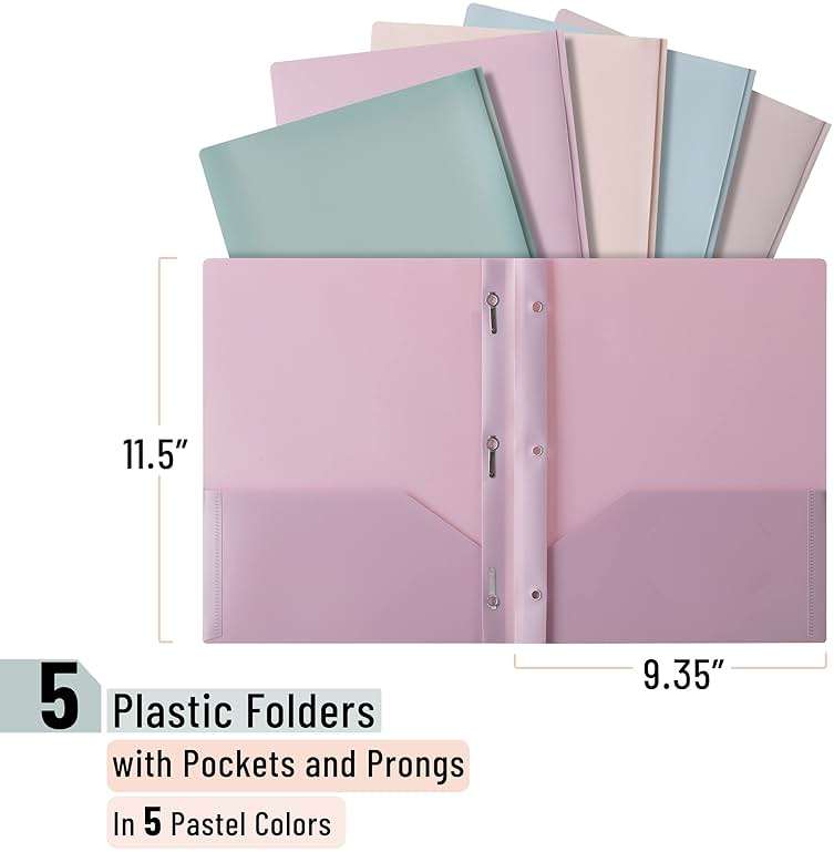 Mr. Pen- Plastic Folders with Pockets and Prong, 5 Pack, Muted Pastel Colors, Pocket Folders with Prongs and Fasteners, 2 Pocket - Image 3