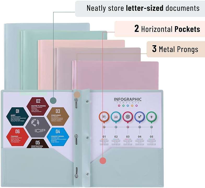 Mr. Pen- Plastic Folders with Pockets and Prong, 5 Pack, Muted Pastel Colors, Pocket Folders with Prongs and Fasteners, 2 Pocket - Image 4