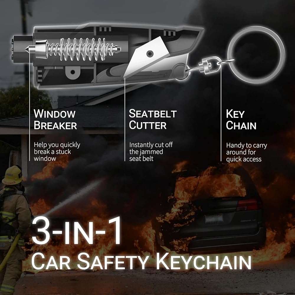 SINSEN Window Breaker Seatbelt Cutter, Car Emergency Safety Keychain, Seat Belt Escape Tool and Glass Hammer, Spring-Loaded for Land and Underwater, 2PCS, Black - Image 2