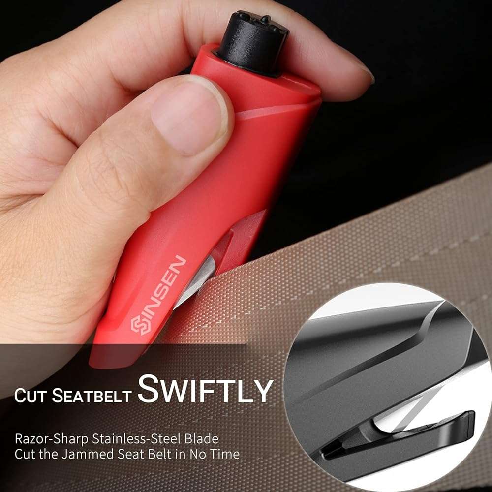 SINSEN Window Breaker Seatbelt Cutter, Car Emergency Safety Keychain, Seat Belt Escape Tool and Glass Hammer, Spring-Loaded for Land and Underwater, 2PCS, Black - Image 3