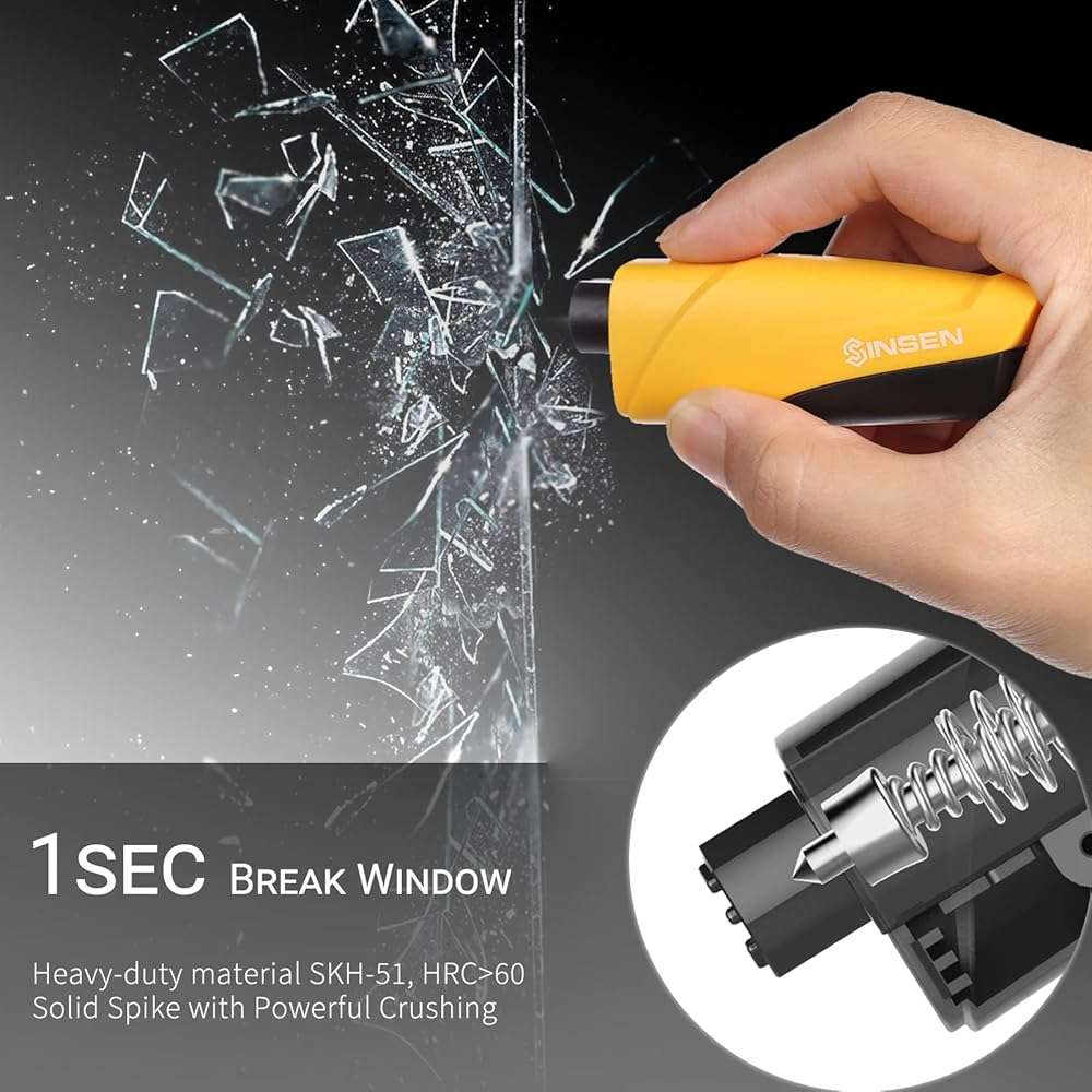 SINSEN Window Breaker Seatbelt Cutter, Car Emergency Safety Keychain, Seat Belt Escape Tool and Glass Hammer, Spring-Loaded for Land and Underwater, 2PCS, Black - Image 4