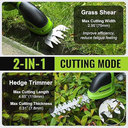 WORKPRO Cordless Grass Shear & Shrubbery Trimmer - 2 in 1 Handheld Hedge Trimmer Electric Grass Trimmer Hedge Shears/Grass Cutter Rechargeable Lithium-Ion Battery and Type-C Cable Included (Green) - Image 2
