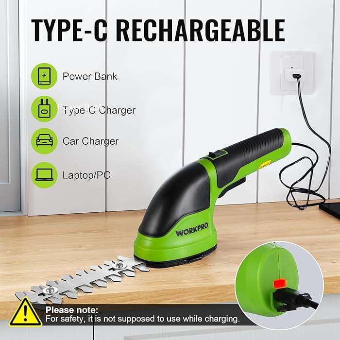 WORKPRO Cordless Grass Shear & Shrubbery Trimmer - 2 in 1 Handheld Hedge Trimmer Electric Grass Trimmer Hedge Shears/Grass Cutter Rechargeable Lithium-Ion Battery and Type-C Cable Included (Green) - Image 6