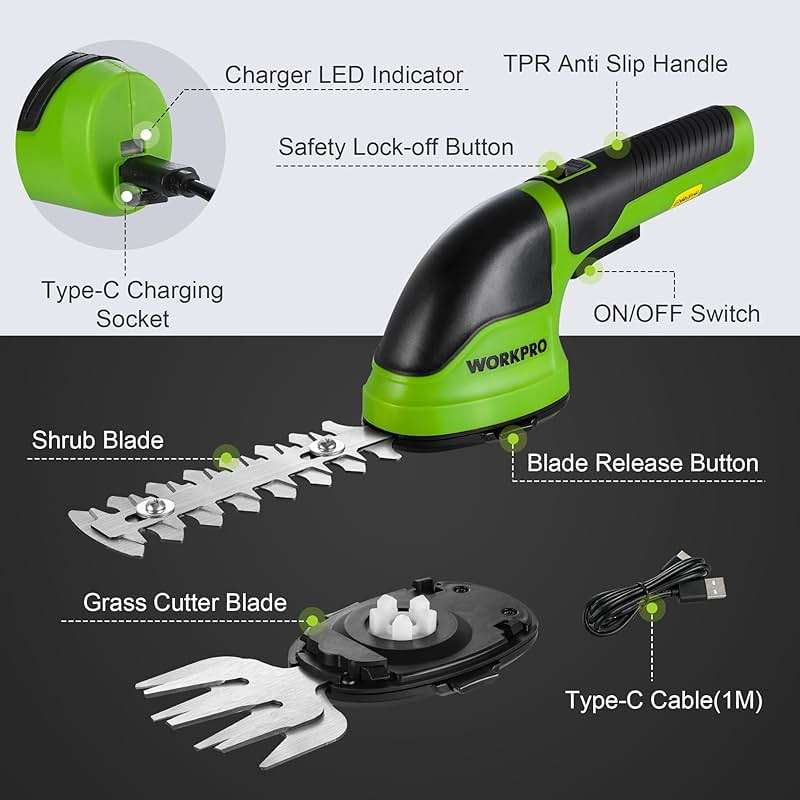 WORKPRO Cordless Grass Shear & Shrubbery Trimmer - 2 in 1 Handheld Hedge Trimmer Electric Grass Trimmer Hedge Shears/Grass Cutter Rechargeable Lithium-Ion Battery and Type-C Cable Included (Green) - Image 7