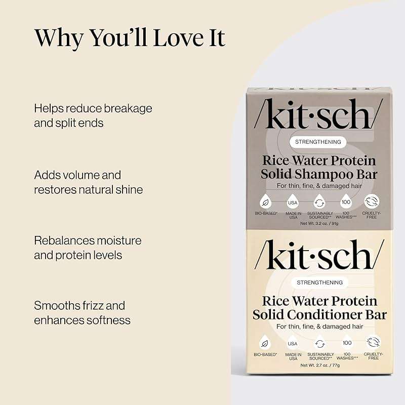 Kitsch Rice Water Protein Solid Shampoo and Conditioner Set for Hair Growth – Strengthening Hair Care Duo w/Rice Protein & Vitamins for Damage Repair – Paraben, Sulfate & Silicone Free, Made in USA - Image 4