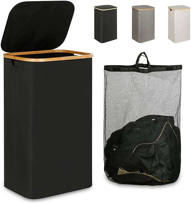 iEGrow Laundry Hamper with Lid, 110L Large Laundry Hamper with Handle and Lid, Collapsible Clothes Basket Organizer with Removable Inner Bag for Clothes Towels - Black - Image 1
