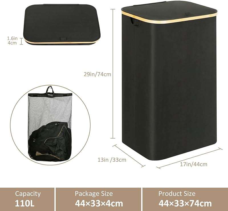 iEGrow Laundry Hamper with Lid, 110L Large Laundry Hamper with Handle and Lid, Collapsible Clothes Basket Organizer with Removable Inner Bag for Clothes Towels - Black - Image 3