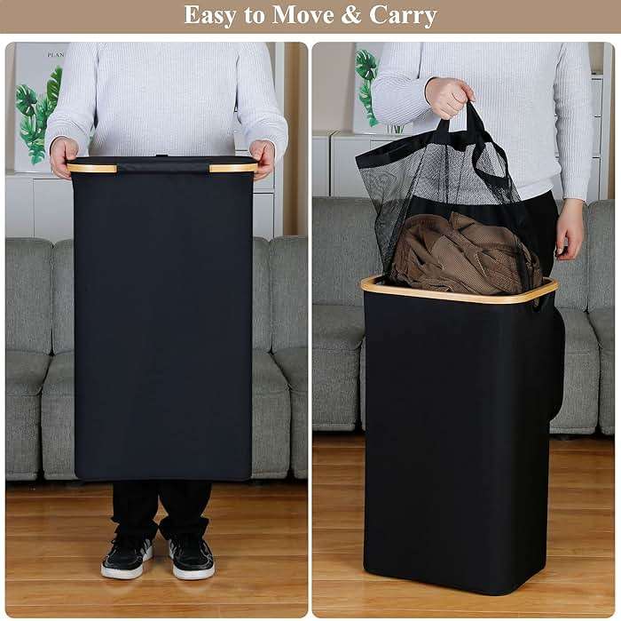 iEGrow Laundry Hamper with Lid, 110L Large Laundry Hamper with Handle and Lid, Collapsible Clothes Basket Organizer with Removable Inner Bag for Clothes Towels - Black - Image 4
