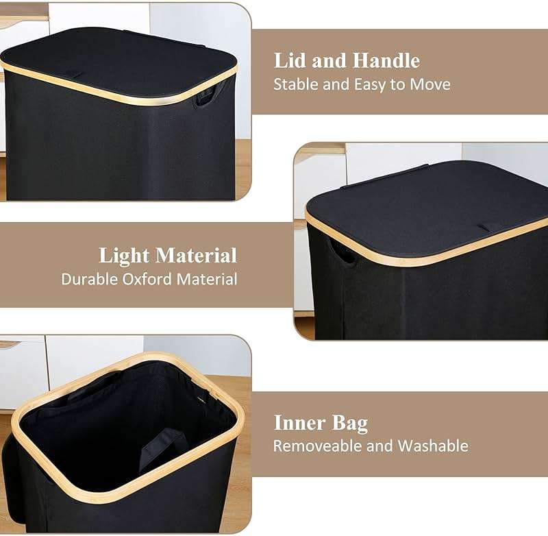 iEGrow Laundry Hamper with Lid, 110L Large Laundry Hamper with Handle and Lid, Collapsible Clothes Basket Organizer with Removable Inner Bag for Clothes Towels - Black - Image 6