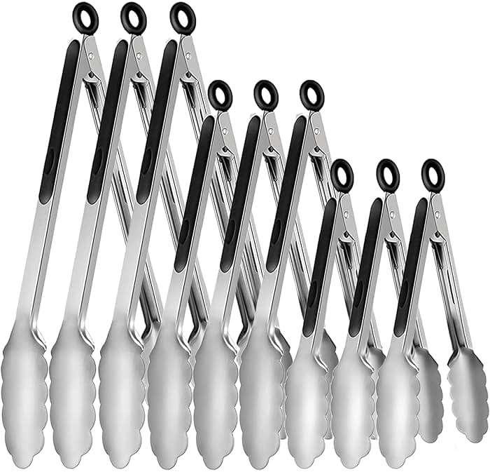 9 Pieces Stainless Steel Kitchen Tongs Grilling Locking Cooking Tongs Non-Slip Metal Food Tongs for Cooking, Salad and BBQ, 7, 9 and 12 Inch - Image 1