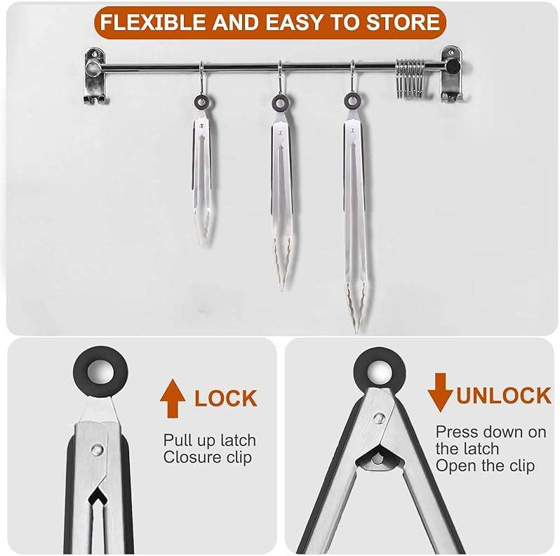 9 Pieces Stainless Steel Kitchen Tongs Grilling Locking Cooking Tongs Non-Slip Metal Food Tongs for Cooking, Salad and BBQ, 7, 9 and 12 Inch - Image 4