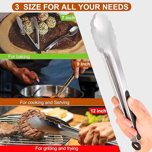 9 Pieces Stainless Steel Kitchen Tongs Grilling Locking Cooking Tongs Non-Slip Metal Food Tongs for Cooking, Salad and BBQ, 7, 9 and 12 Inch - Image 7