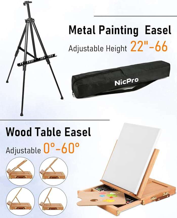 Nicpro 158PCS Deluxe Art Painting Kit with Metal and Solid Beech Wood Easel, Acrylic, Oil & Watercolor Paint Set, Paint Brushes, Canvas, Palette, Paper Pad, Professional Art Set for Adults Artist - Image 2