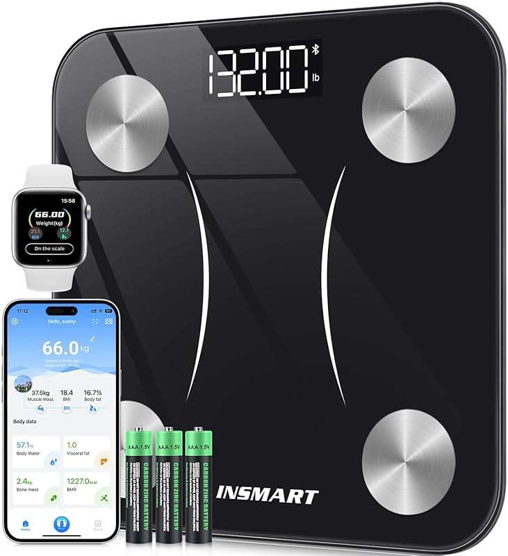 INSMART Body Fat Scale, Smart Scale for Body Weight 0.1lb High Accuracy, Digital Bathroom Weight Scale for BMI, Body Fat, Muscle 17 Body Composition Analyzer Sync with App, LED Display, 400lb, Black - Image 1