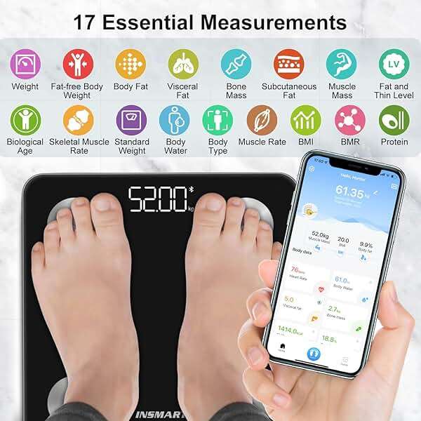 INSMART Body Fat Scale, Smart Scale for Body Weight 0.1lb High Accuracy, Digital Bathroom Weight Scale for BMI, Body Fat, Muscle 17 Body Composition Analyzer Sync with App, LED Display, 400lb, Black - Image 2