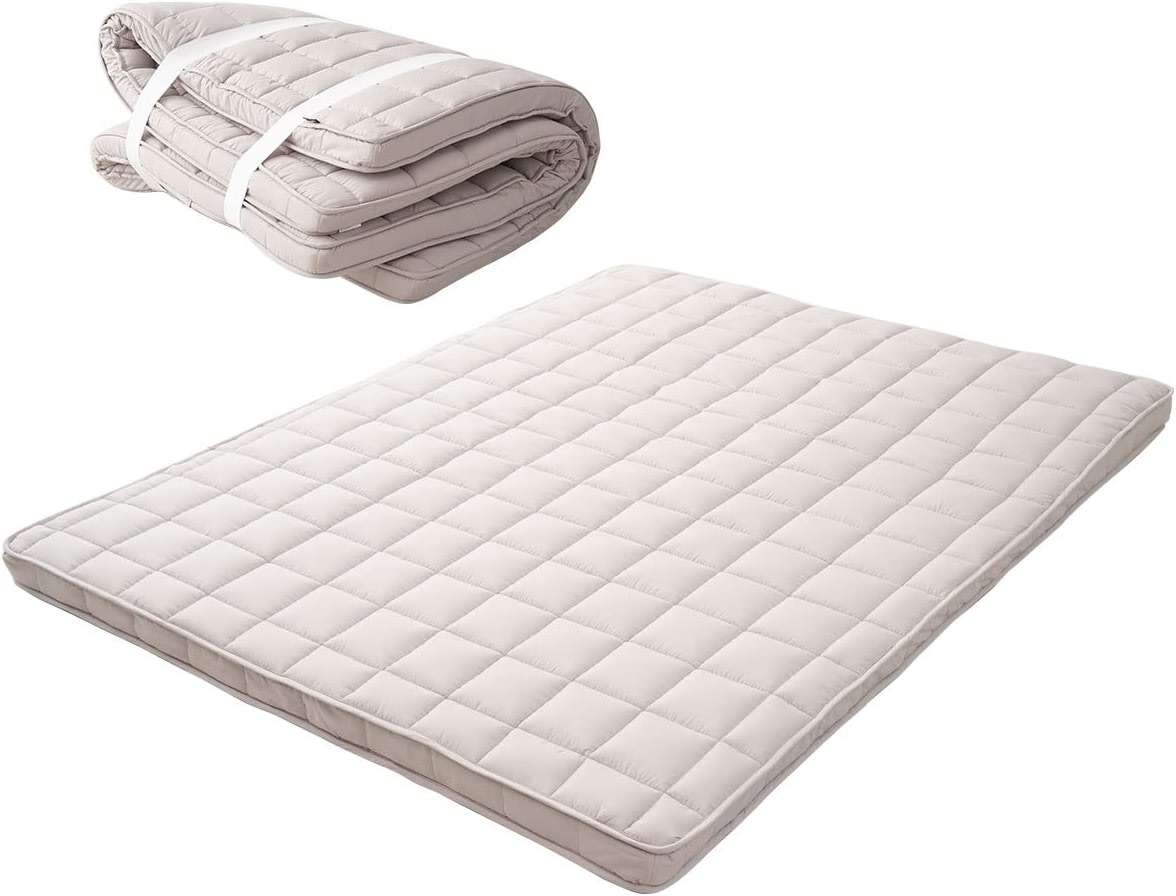 EMOOR Japanese Padded Futon Mattress Machi King Gray, Gusset Foldable Storable Elastic Bands Floor Sleeping Guest Bed Tatami Mat - Image 1