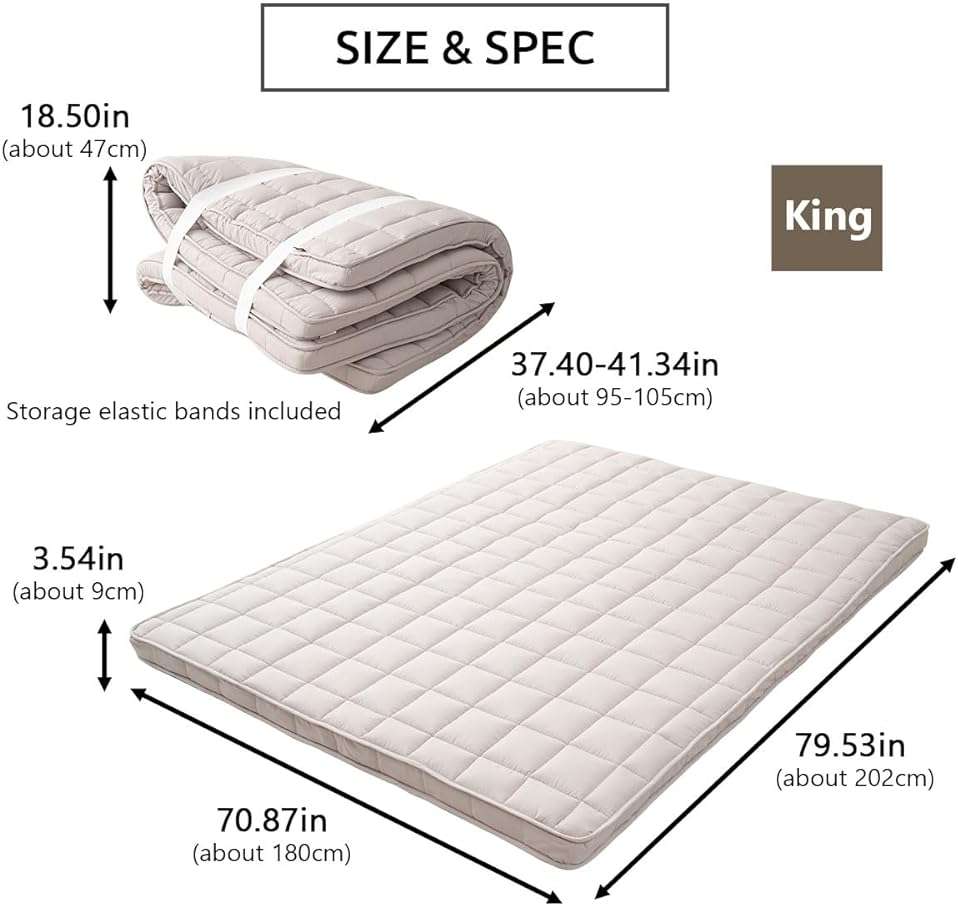 EMOOR Japanese Padded Futon Mattress Machi King Gray, Gusset Foldable Storable Elastic Bands Floor Sleeping Guest Bed Tatami Mat - Image 2