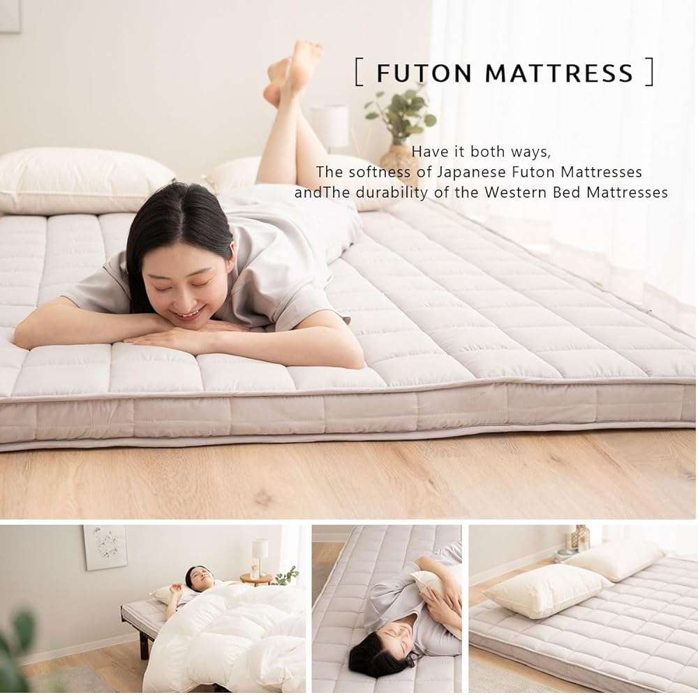 EMOOR Japanese Padded Futon Mattress Machi King Gray, Gusset Foldable Storable Elastic Bands Floor Sleeping Guest Bed Tatami Mat - Image 3