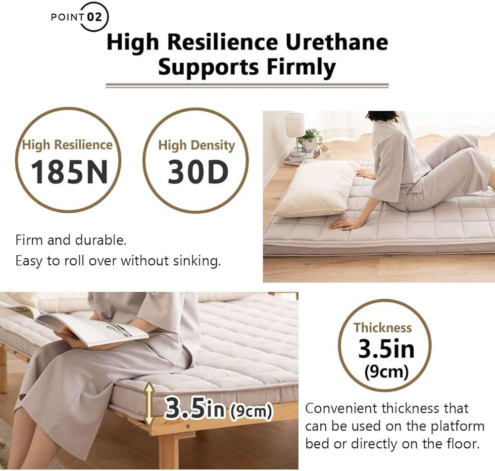 EMOOR Japanese Padded Futon Mattress Machi King Gray, Gusset Foldable Storable Elastic Bands Floor Sleeping Guest Bed Tatami Mat - Image 6