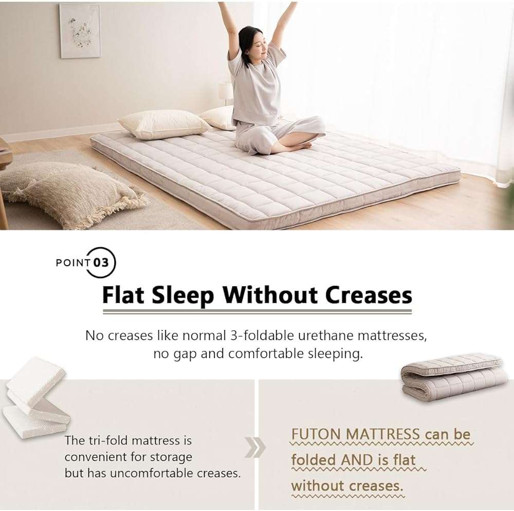 EMOOR Japanese Padded Futon Mattress Machi King Gray, Gusset Foldable Storable Elastic Bands Floor Sleeping Guest Bed Tatami Mat - Image 7