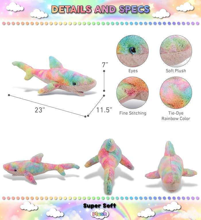 DolliBu Large Rainbow Shark Stuffed Animal – Soft Huggable Shark Stuffed Toy, Adorable Playtime Ocean Plush Toy, Cute Cuddle Gifts for Kids and Adults – 23 Inches - Image 3