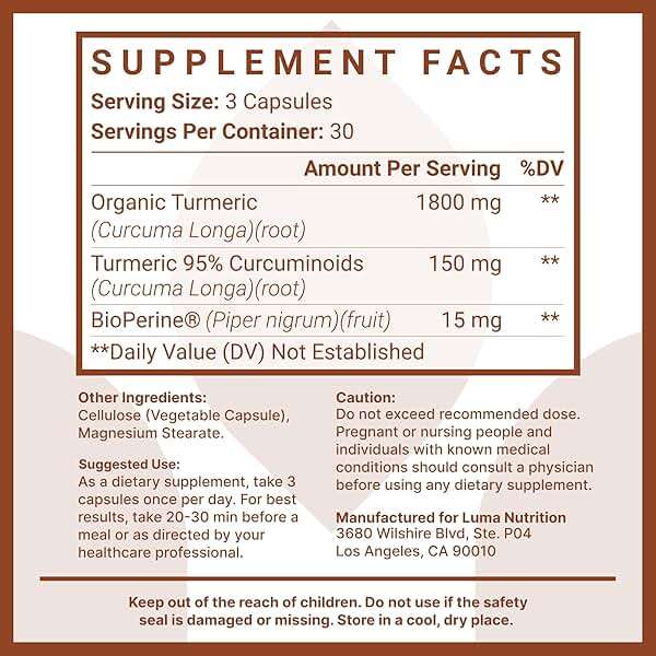 Luma Nutrition Turmeric Curcumin with Black Pepper - 95% Curcuminoids - 1950mg Per Serving - Premium Turmeric Supplement - with BioPerine for Max Absorption - Made in USA - 90 Capsules - Image 7