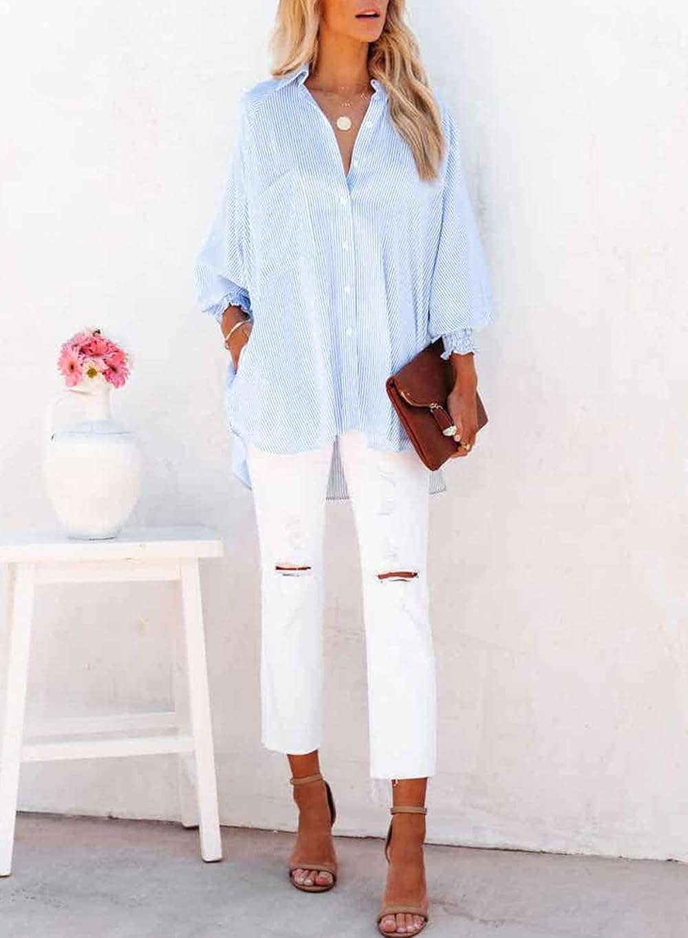 Womens Smocked Cuffed Striped Boyfriend Shirt Casual Collar Long Sleeve Oversized Button Down Blouse Tops with Pocket Shirred - Image 4