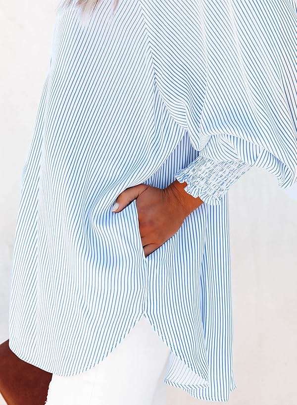 Womens Smocked Cuffed Striped Boyfriend Shirt Casual Collar Long Sleeve Oversized Button Down Blouse Tops with Pocket Shirred - Image 5