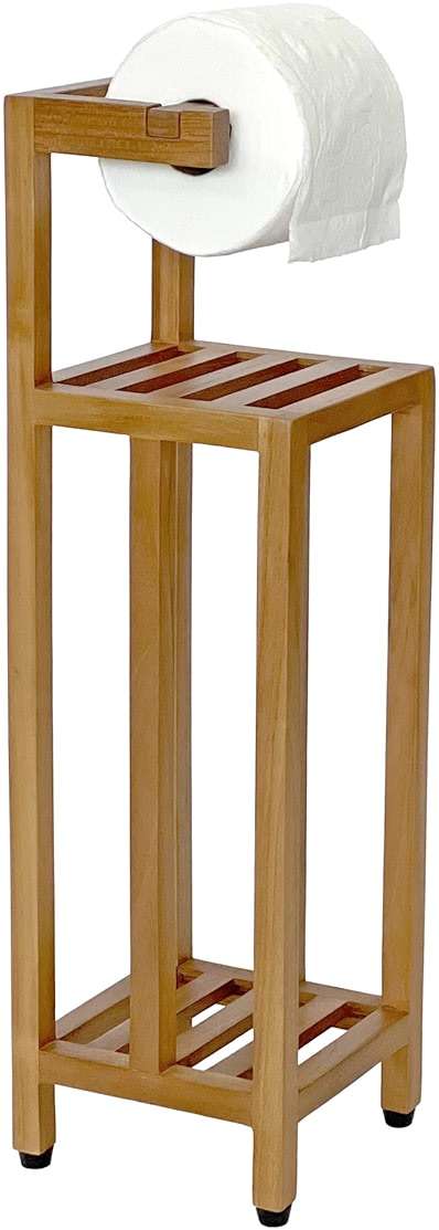 Solid Teak Toilet Paper Holder Stand with Shelf, Freestanding Bathroom Toilet Paper Roll Holder with Reserve, Standing Toilet Paper Holder with Storage, Fully Assembled, SpaTeak Collection, TB-702 - Image 1