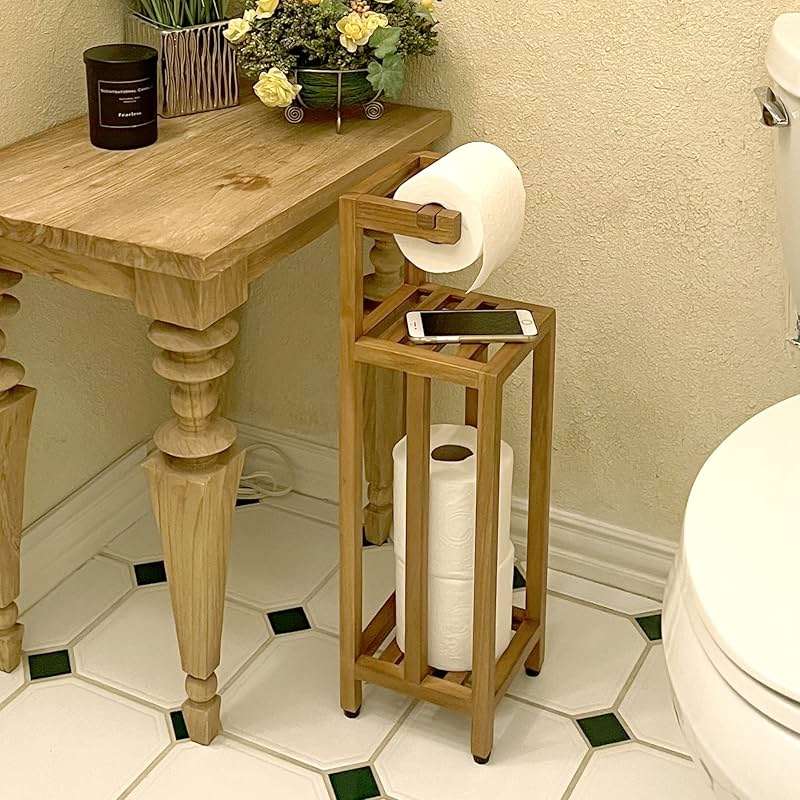 Solid Teak Toilet Paper Holder Stand with Shelf, Freestanding Bathroom Toilet Paper Roll Holder with Reserve, Standing Toilet Paper Holder with Storage, Fully Assembled, SpaTeak Collection, TB-702 - Image 2